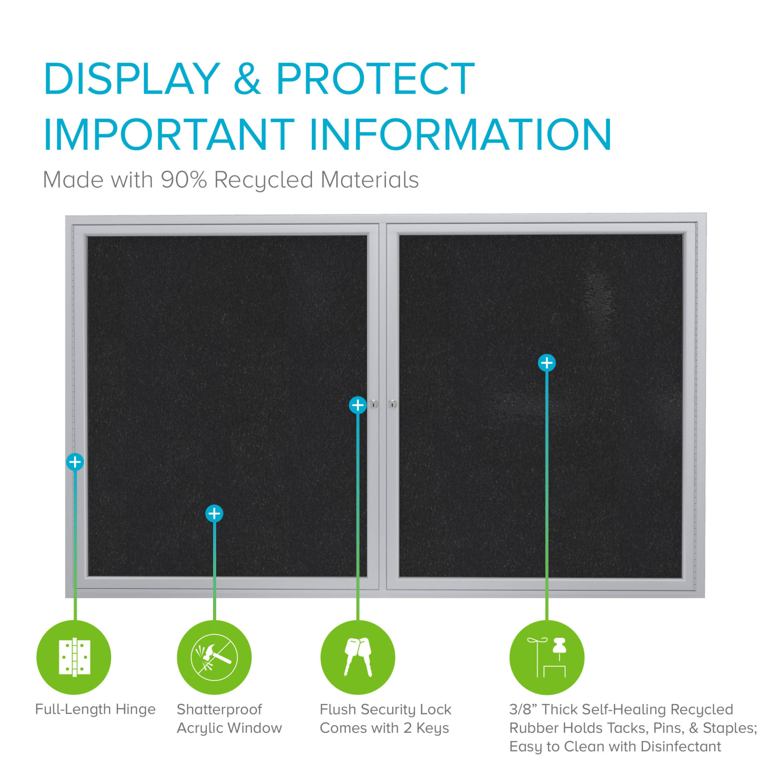 Ghent 2 Door Enclosed Recycled Rubber Bulletin Board, Satin Aluminum Frame, 36inH x 48inW, Black - Image 3