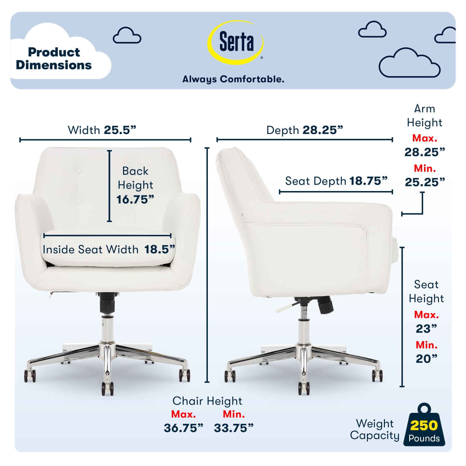 Serta Ashland Home Bonded Leather Mid-Back Office Chair, White/Chrome - Image 4