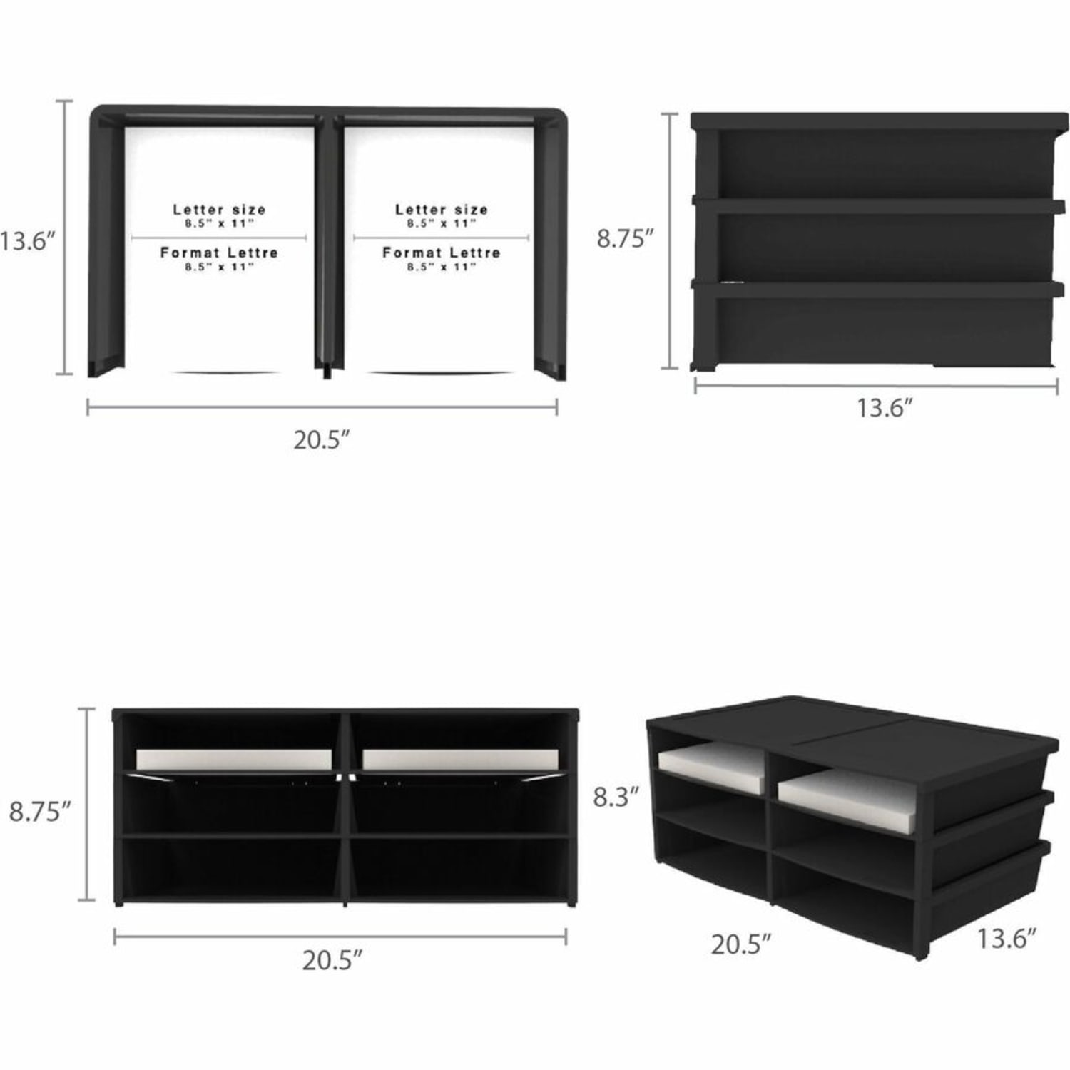 Storex Quick Stack 6-sorter Organizer - 500 x Sheet - 6 Compartment(s) - Compartment Size : 8.75in x 11.50in x 2in - 8.70in Height x 13.60in Width20.50in Length - Black - Plastic - 1 Each - Image 6