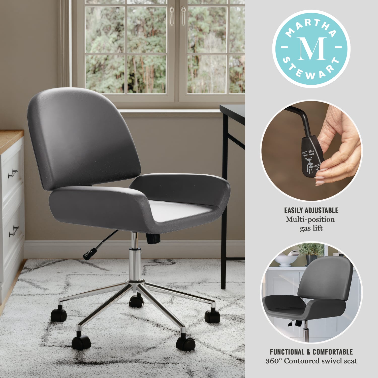 Martha Stewart Tyla Faux Leather Upholstered MidBack Executive Office Chair GrayPolished Nickel PopularChairscom Martha Stewart Tyla Faux Leather Upholstered Mid Back Executive Office Chair GrayPolished Nickel PopularChairscom