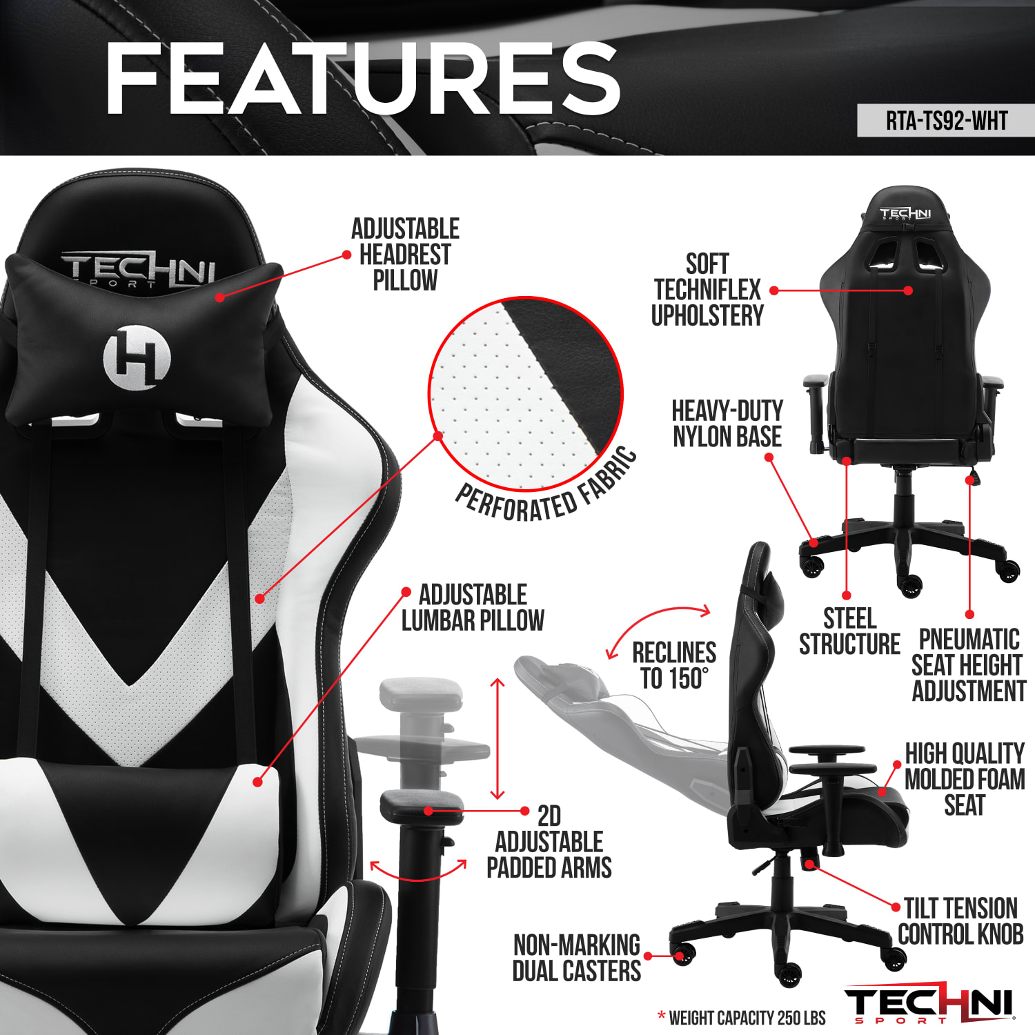 Techni Sport Ergonomic Faux Leather Computer Gaming Chair, White/Black - Image 4