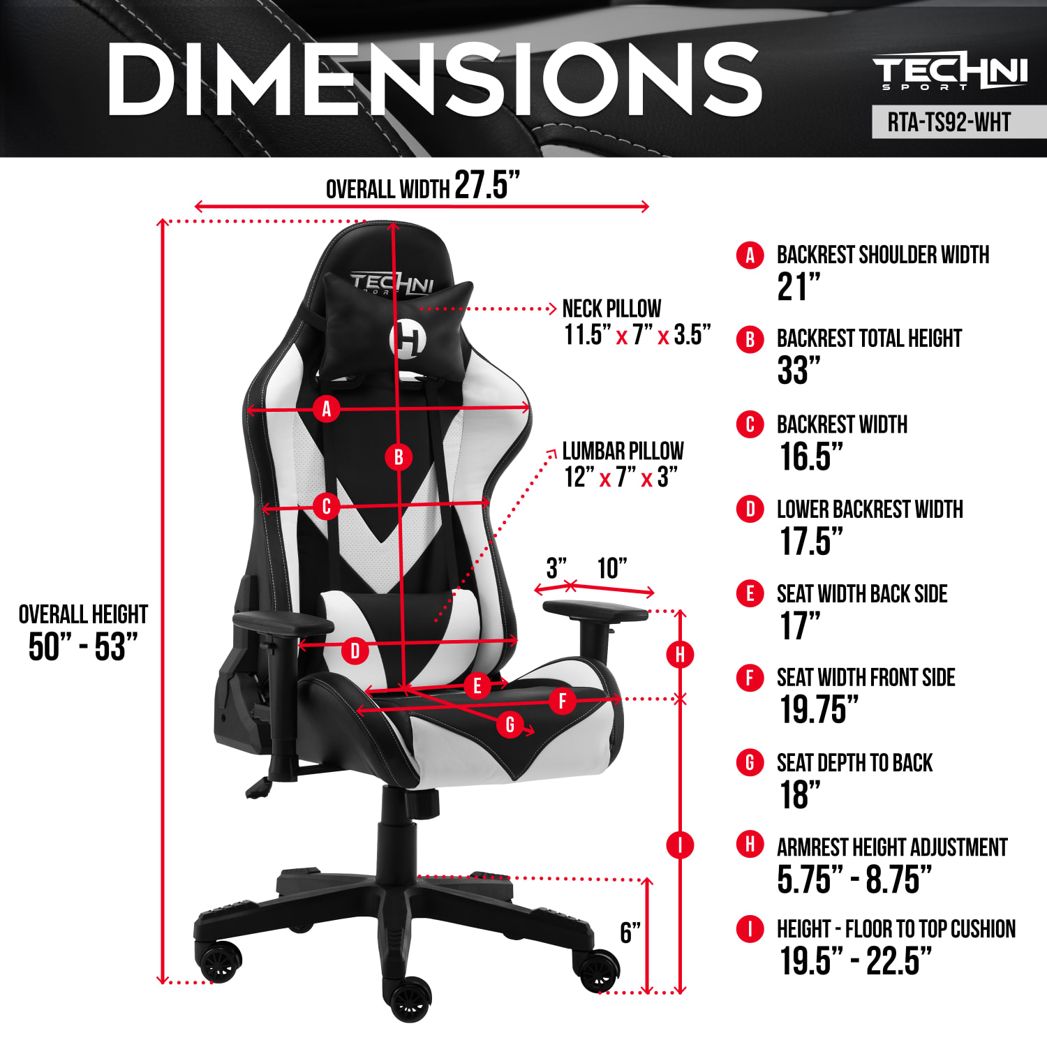 Techni Sport Ergonomic Faux Leather Computer Gaming Chair, White/Black - Image 5