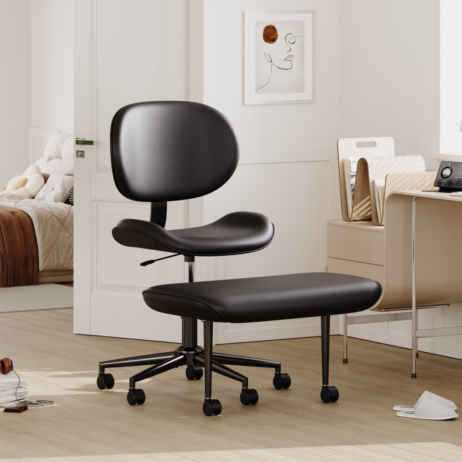 Pinmoco 2-Tier Cross-Legged Ergonomic Faux Leather Modern Armless Office Chair, Black - Image 4