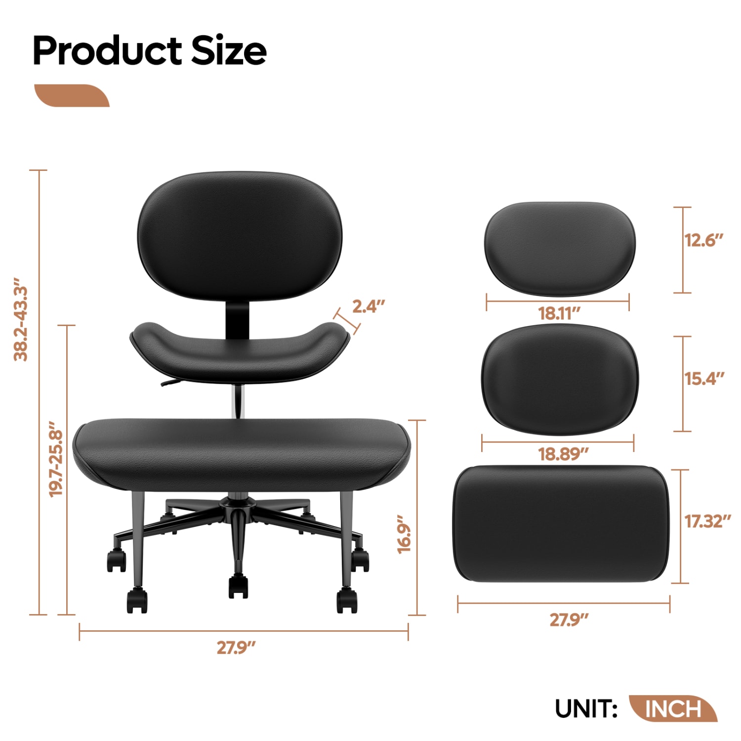 Pinmoco 2-Tier Cross-Legged Ergonomic Faux Leather Modern Armless Office Chair, Black - Image 6