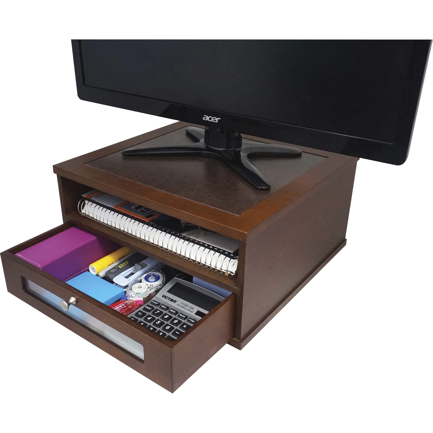 Victor Heritage Wood H1175 Monitor Riser - 1x Shelf(ves) - 6.5inx13.4inx 13.4in Depth - Wood Grain - Wood, Metal, Faux Leather, Frosted Glass - Heritage - Image 6