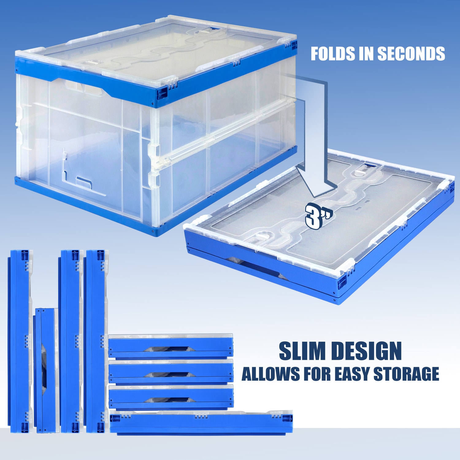 Mount It! Collapsible Plastic Storage Crate With Lid, 65 Liters, 15.25in x 23in x 13in, Clear/Blue - Image 5
