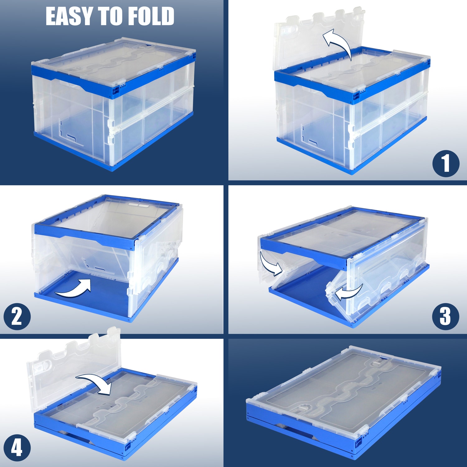 Mount It! Collapsible Plastic Storage Crate With Lid, 65 Liters, 15.25in x 23in x 13in, Clear/Blue - Image 6