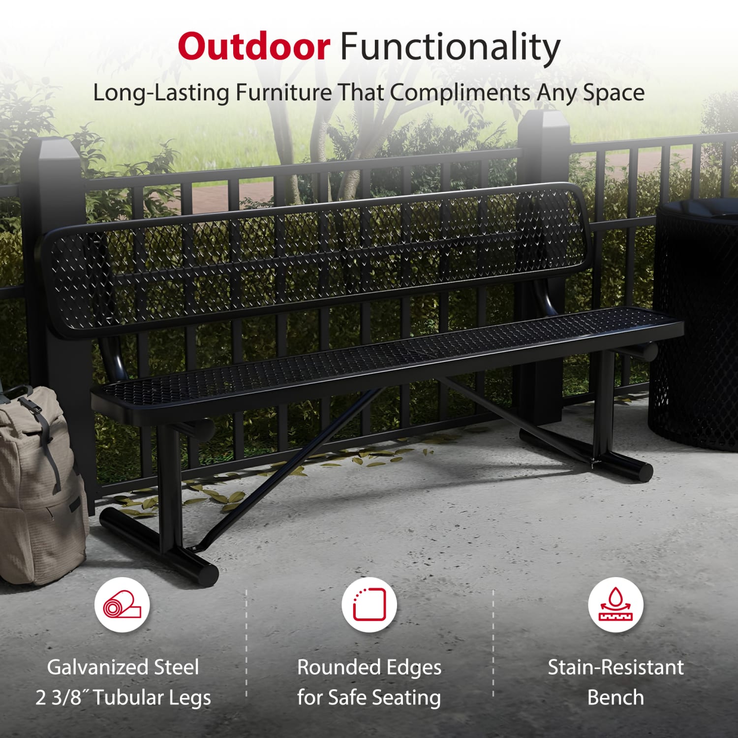 Leisure Craft Outdoor Bench With Back, 32-5/8inH x 72inW x 23-3/4inD, Black - Image 4