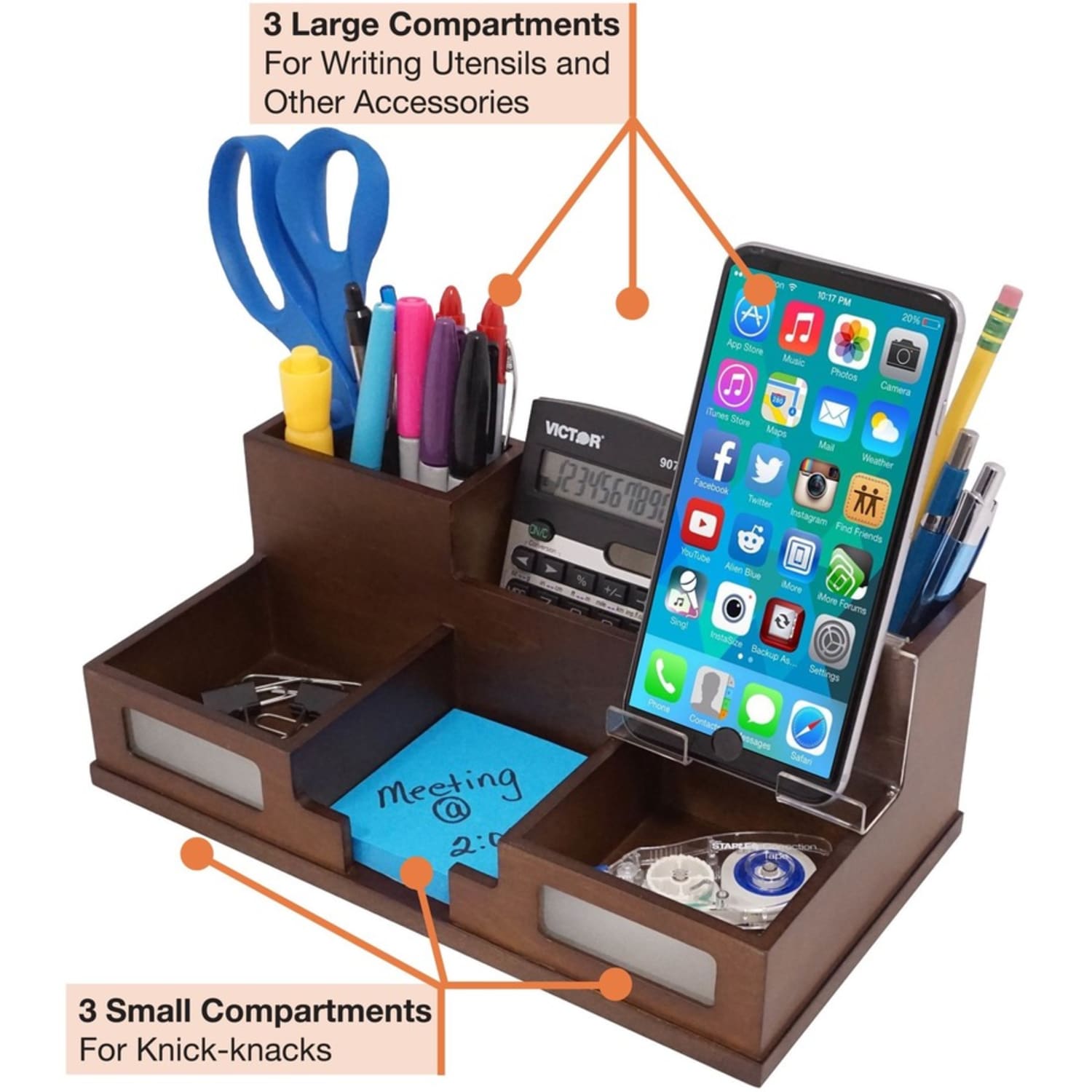 Victor Heritage Wood H9525 Desk Organizer - 6 Compartment(s) - 5.5in x 10.4inx 3.5in Depth - Desktop - Wood Grain - Wood, Acrylic, Frosted Glass - 1 Each - Image 3
