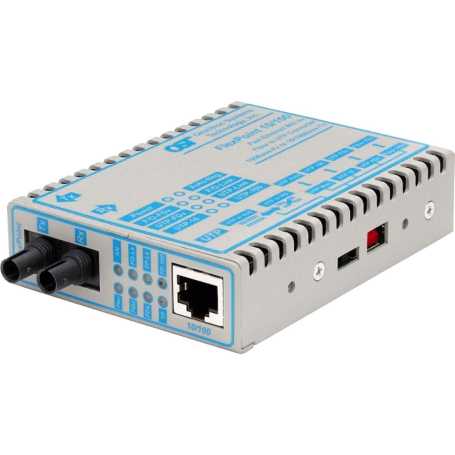 Omnitron FlexPoint 10/100 Ethernet Fiber Media Converter RJ45 ST Single-Mode 30km - 1x 10/100BASE-TX; 1x 100BASE-LX; No Power Adapter - 4343-0 - Image 3