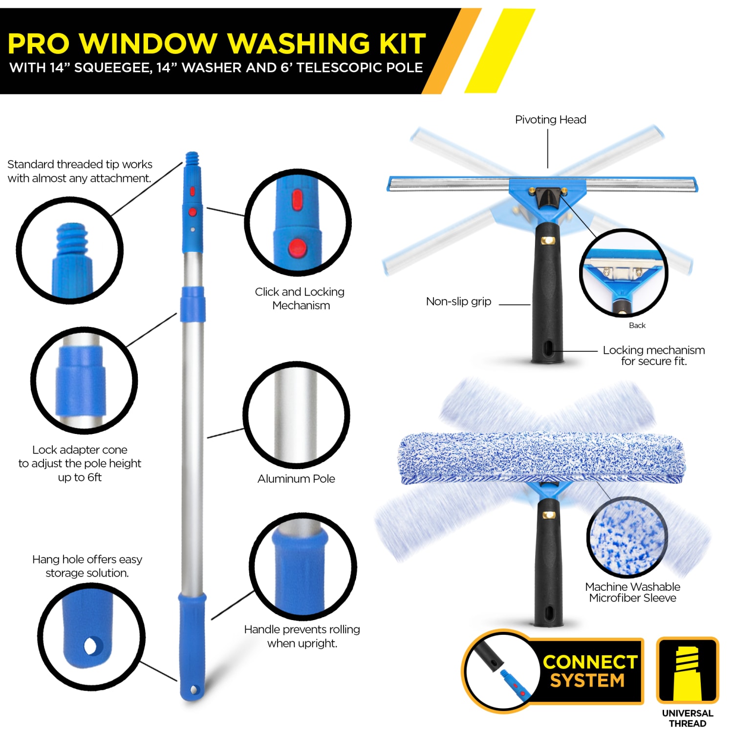 Gritt Commercial Pro Window Washing Kit with with 14in Squeegee, 14in Washer and 6ft Telescopic Pole - Image 6