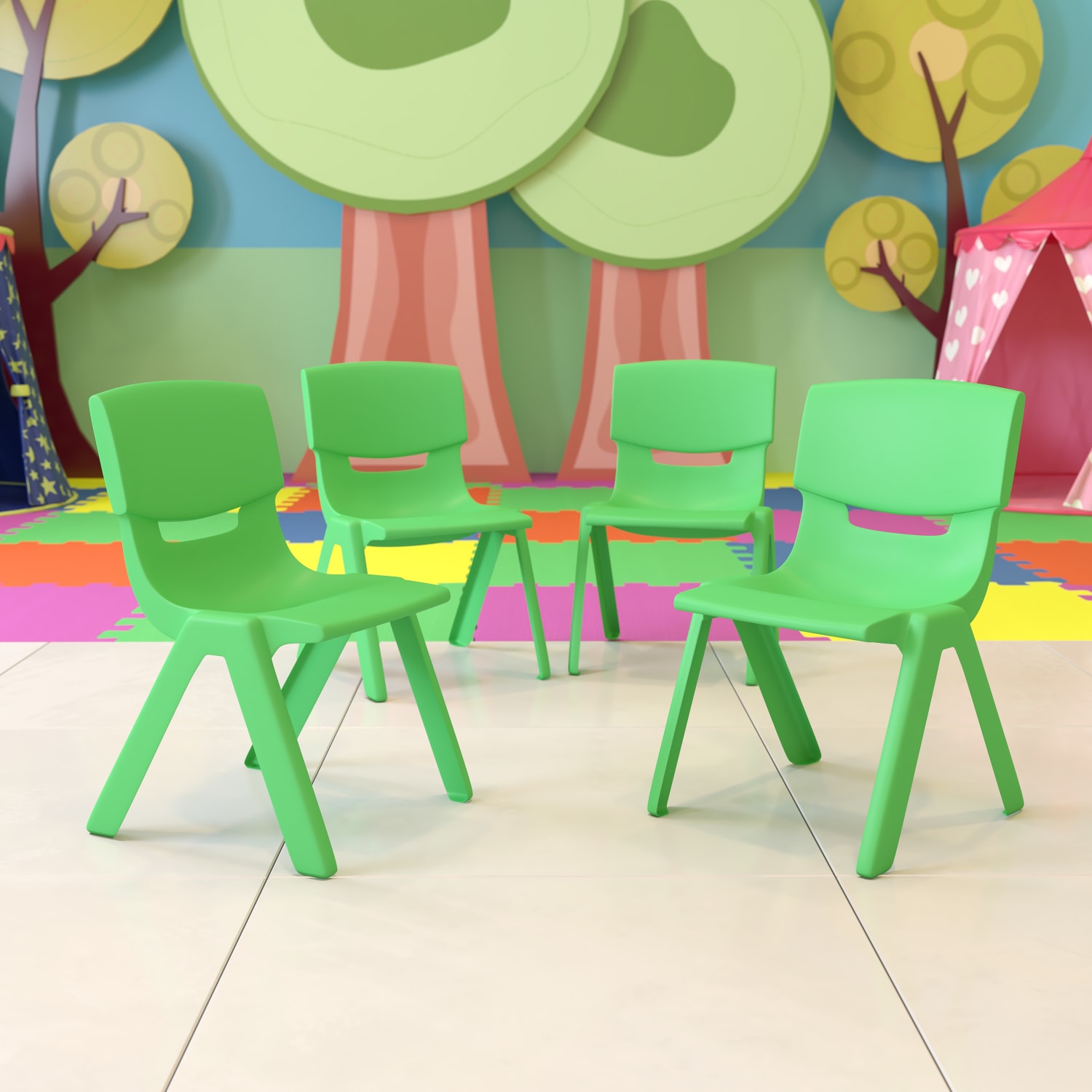 Flash Furniture Plastic Stackable School Chairs With 13-1/4in Seat Height, Green, Pack Of 4 Chairs
