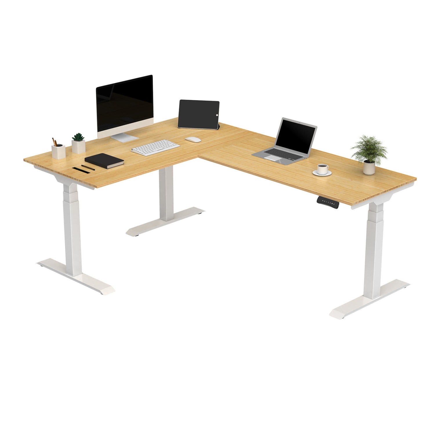 FlexiSpot E7L 76inW L-Shaped Electric Height-Adjustable Standing Desk, Bamboo/White - Image 3