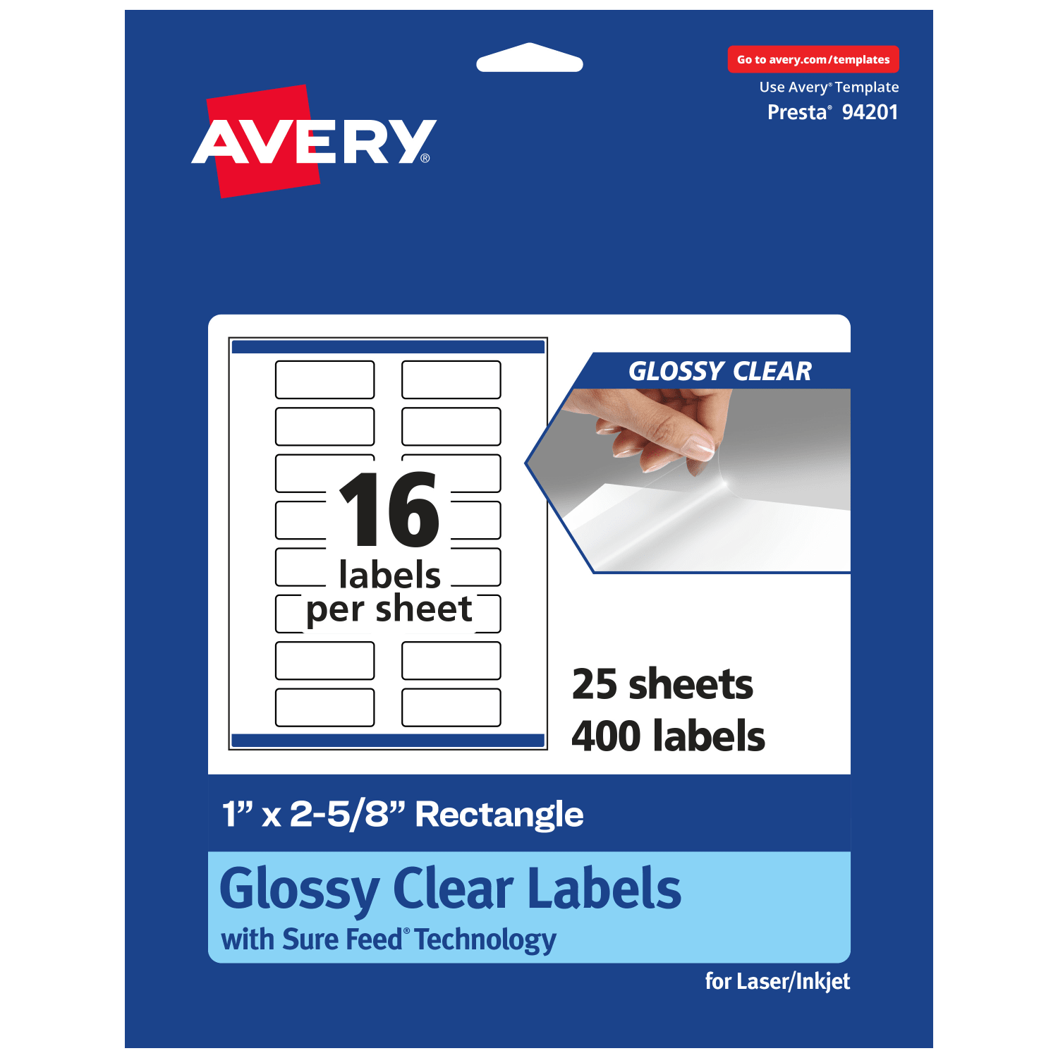 Avery Glossy Permanent Labels With Sure Feed, 94201-CGF25, Rectangle, 1in x 2-5/8in, Clear, Pack Of 400