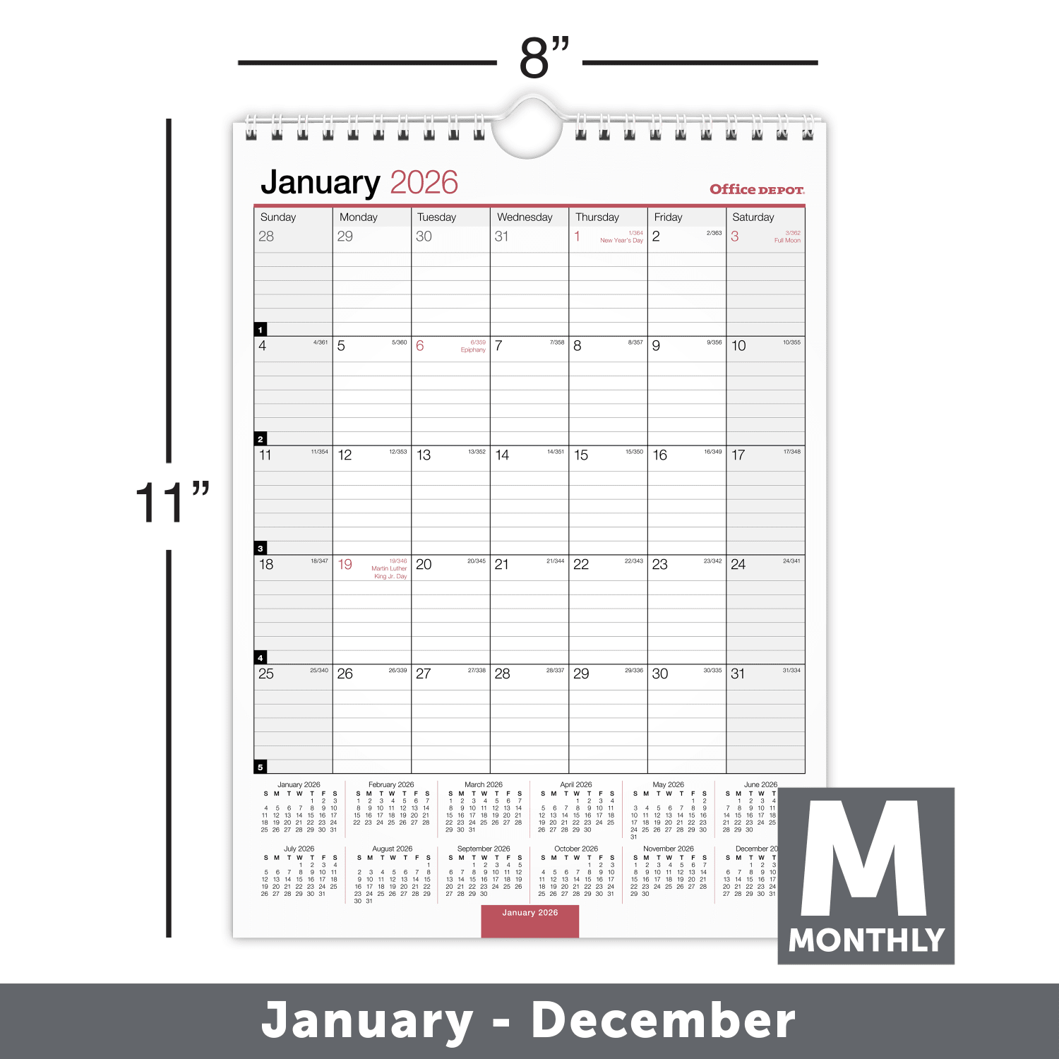 Office Depot Brand Monthly Wall Calendar, 8in x 11in, White, January 2026 to December 2026, OD30132826 - Image 3
