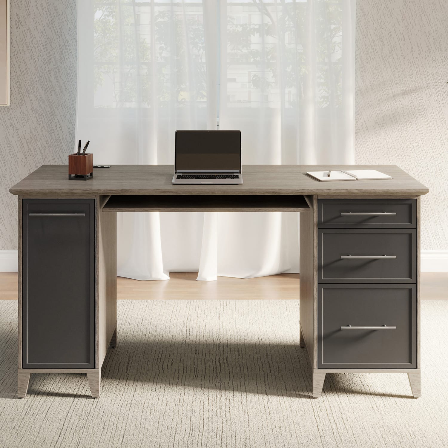Realspace Koru 60inW Straight Computer Desk With Integrated Power & Charging, Two-Tone Slate/Gray Oak, BIFMA Compliant - Image 3