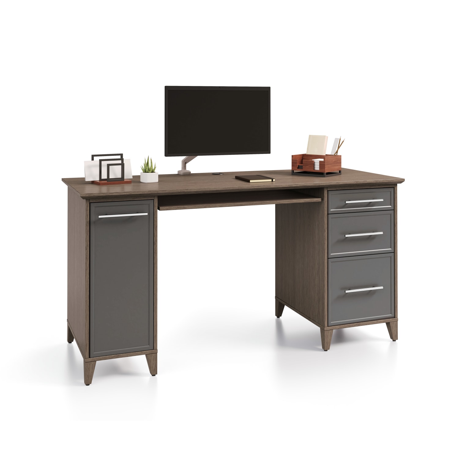 Realspace Koru 60inW Straight Computer Desk With Integrated Power & Charging, Two-Tone Slate/Gray Oak, BIFMA Compliant - Image 3