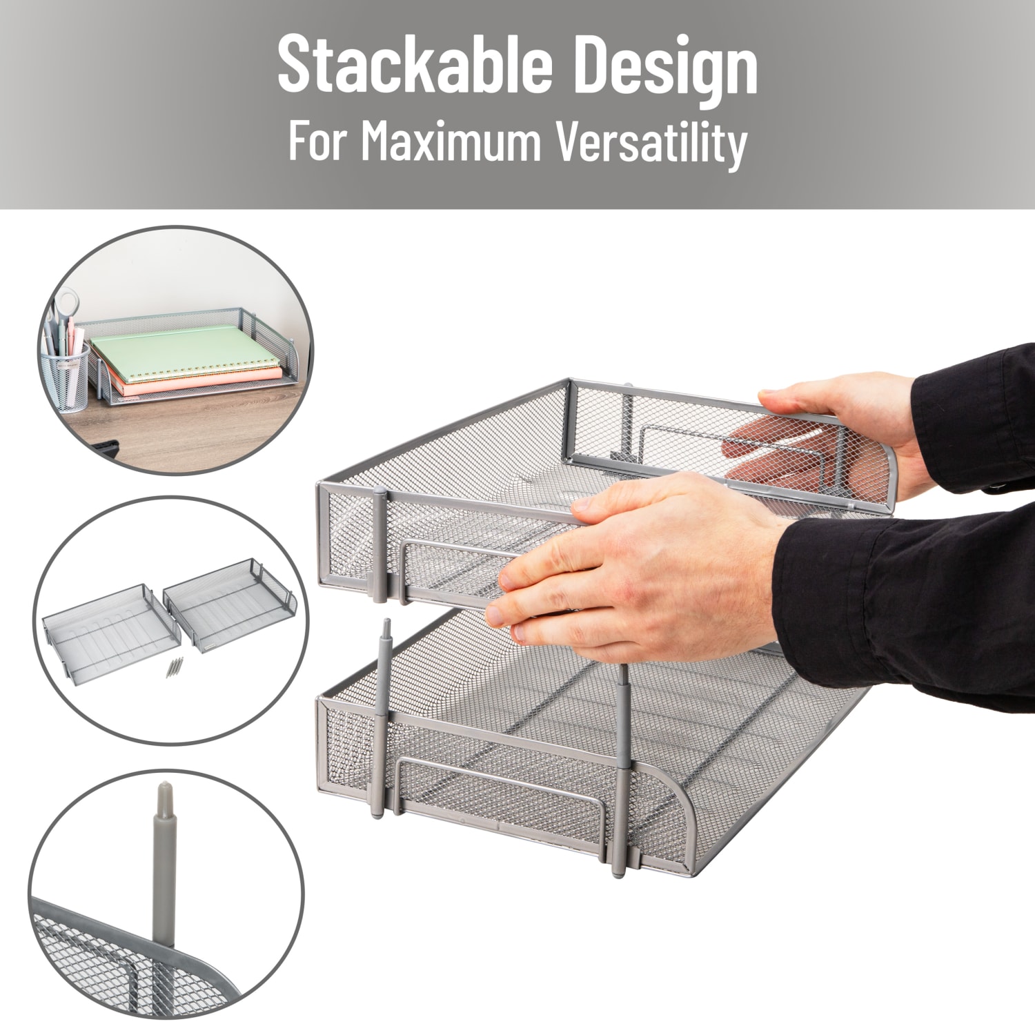 Mind Reader Stackable Desktop Organizer Paper Tray, 7-1/4inH x 10inW x 13-1/2inD, Silver, Set Of 2 Trays - Image 5