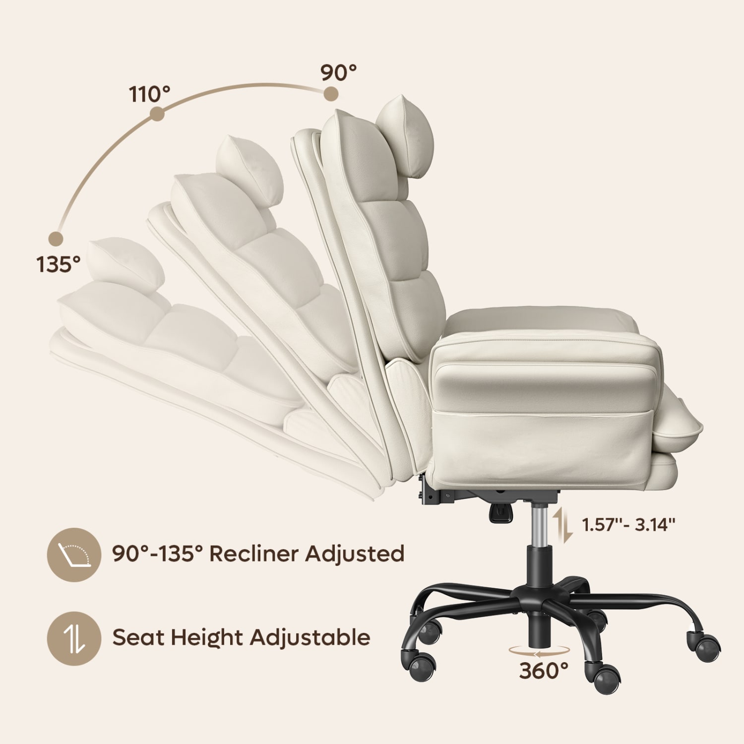 Bestier Ergonomic PU Leather High-Back Swivel Executive Office Chair, Beige - Image 6