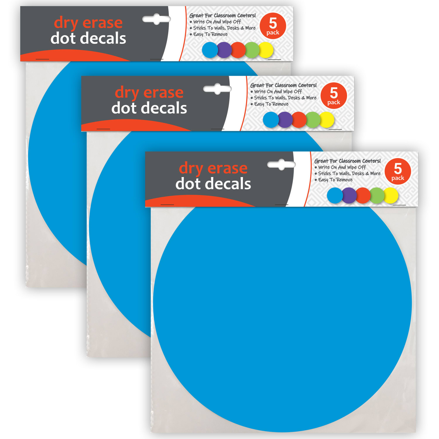 C-Line Dry-Erase Dot Decals, 11in x 11in, Assorted Colors, 5 Decals Per Pack, Set Of 3 Packs