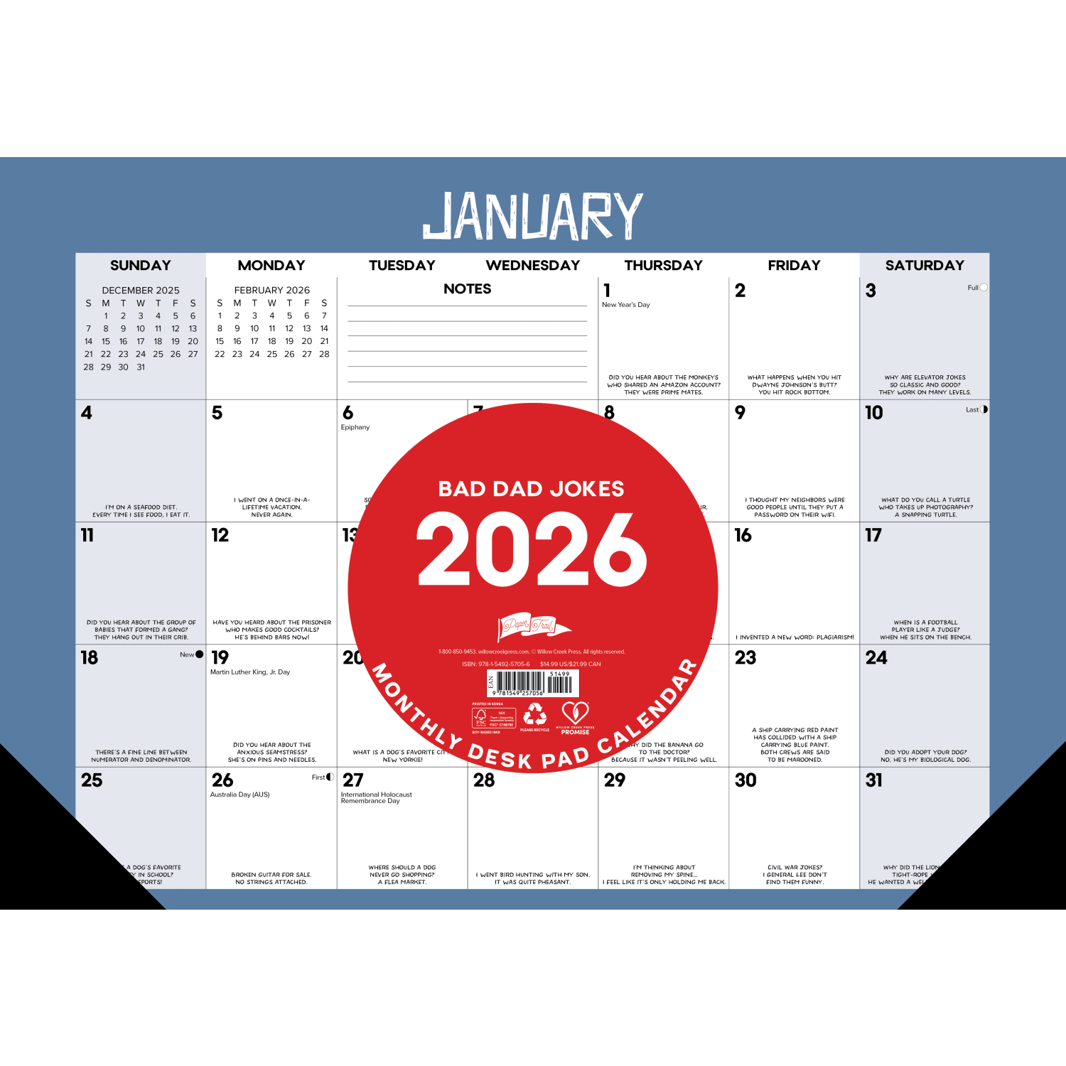 2026 Willow Creek Press Monthly Desk Pad Calendar, 12in x 17in, Bad Dad Jokes, January To December, 57056