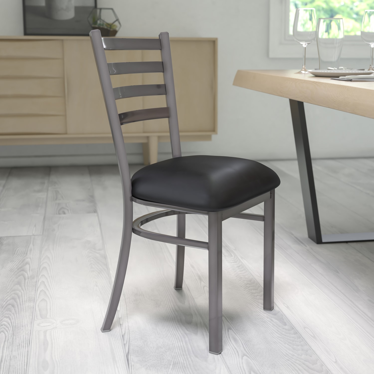 Flash Furniture HERCULES Series Silver Antique Finish with Clear Coat Ladder Back Metal Restaurant Chair - Black Vinyl Seat