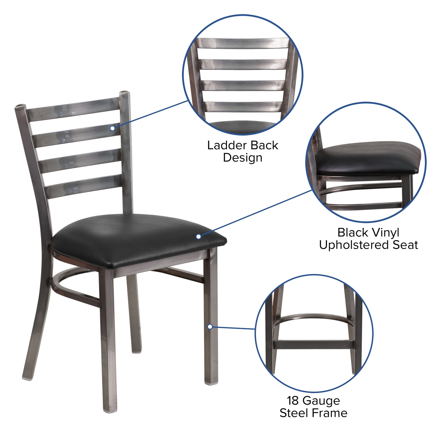 Flash Furniture HERCULES Series Silver Antique Finish with Clear Coat Ladder Back Metal Restaurant Chair - Black Vinyl Seat - Image 6