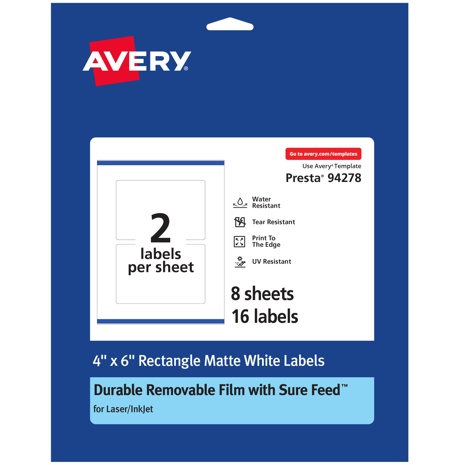 Avery Durable Removable Labels With Sure Feed, 94278-DRF8, Rectangle, 4in x 6in, White, Pack Of 16