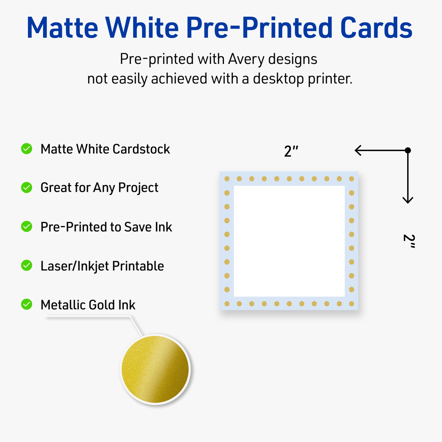 Avery Printable Cards With Sure Feed Technology, 2in x 2in, Matte White With Gold Dots/Blue Border Design, Pack Of 120 - Image 4