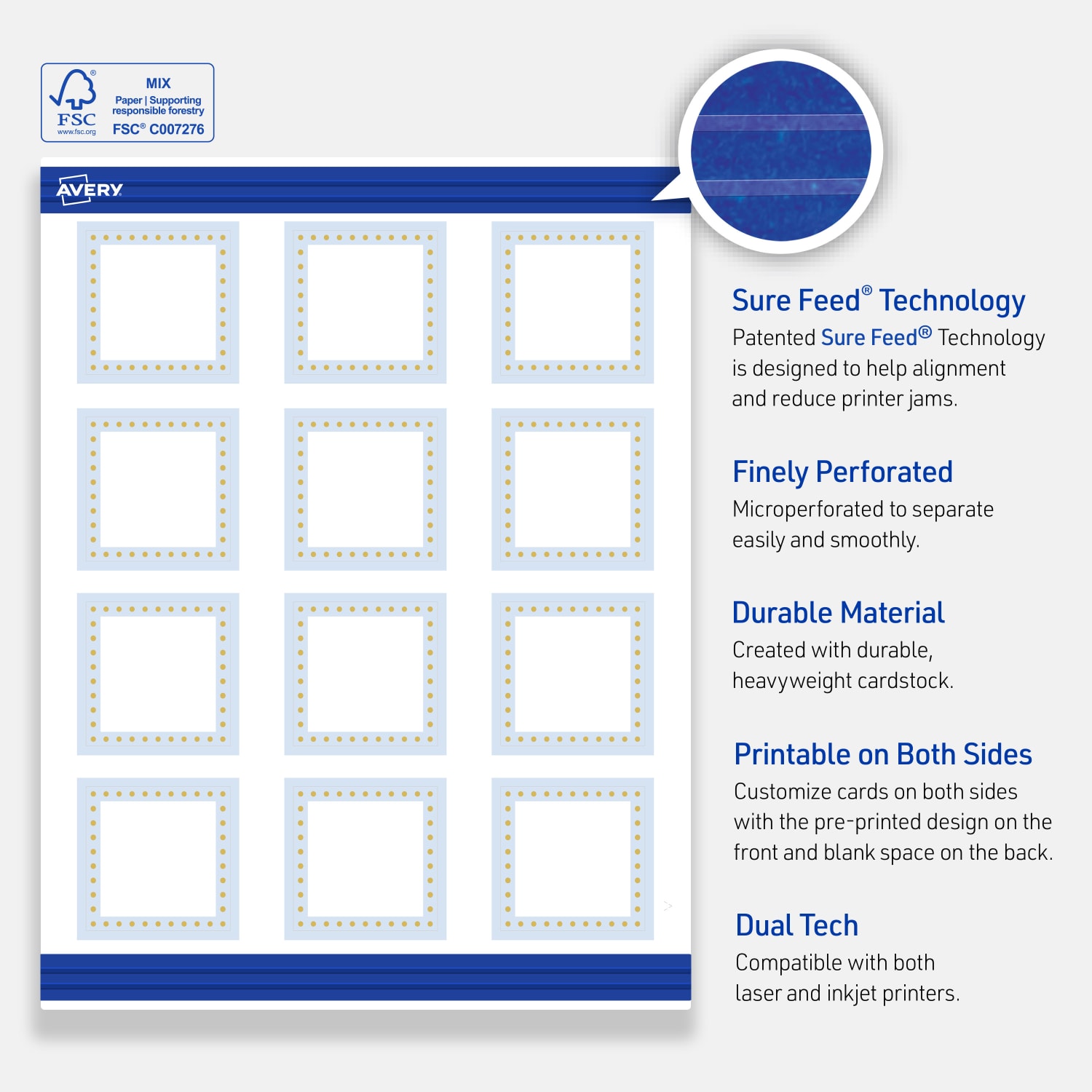 Avery Printable Cards With Sure Feed Technology, 2in x 2in, Matte White With Gold Dots/Blue Border Design, Pack Of 120 - Image 5