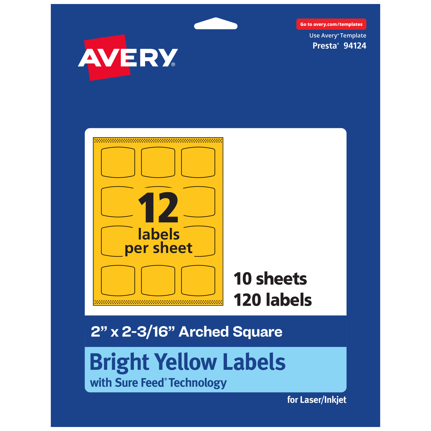 Avery Print-To-The-Edge Labels With Sure Feed Technology, 94124-BYP10, Arched Square, 2in x 2-3/16in, Matte Bright Yellow, Pack of 120
