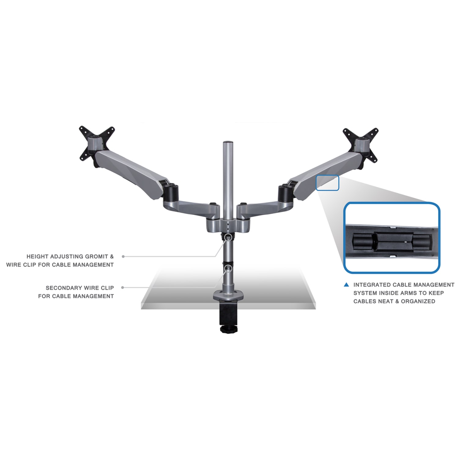 Mount-It! MI-45116 Expandable Dual-Monitor Desk Mount, 10inH x 26inW x 10inD, Silver - Image 4