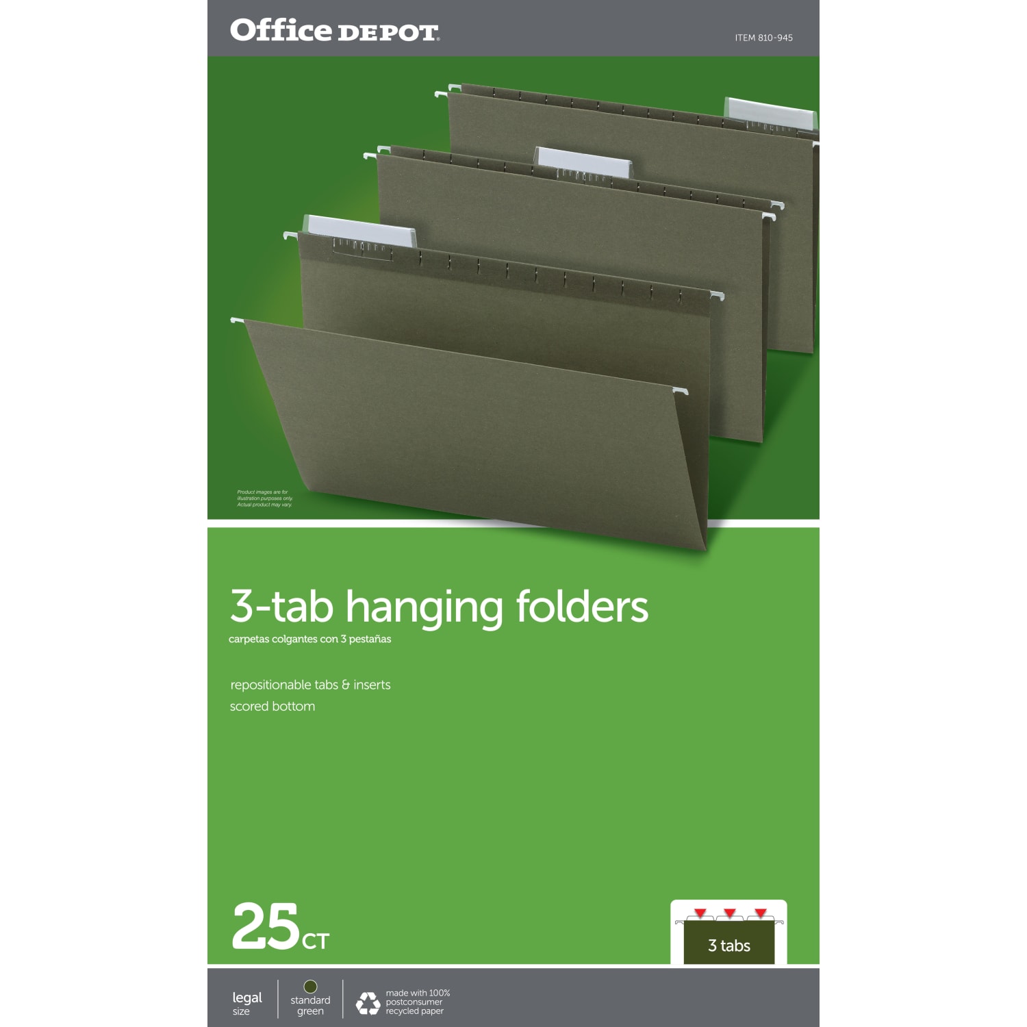 Office Depot Brand Hanging Folders, 1/3 Cut, Legal Size, 100% Recycled, Green, Pack Of 25 - Image 3