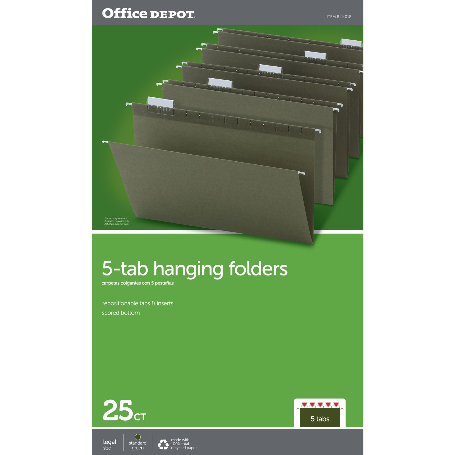 Office Depot Brand Hanging Folders, 1/5 Cut, Legal Size, 100% Recycled, Green, Pack Of 25 - Image 3