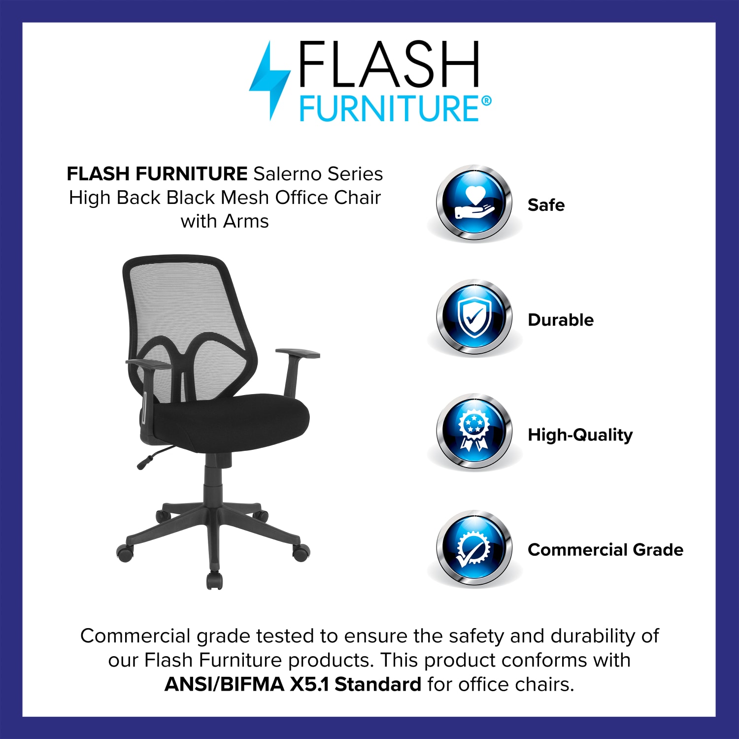 Flash Furniture Salerno Series Ergonomic Mesh High-Back Office Chair With Arms, Black - Image 5