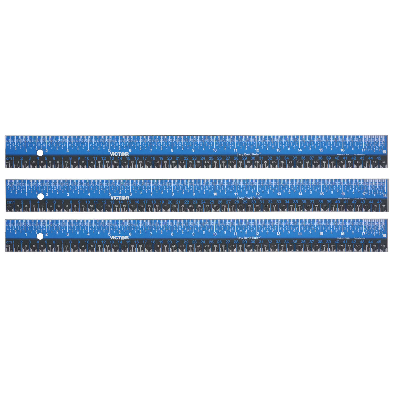 Victor Easy Read Ruler, Stainless Steel, Blue/Black, 18in, Pack Of 3