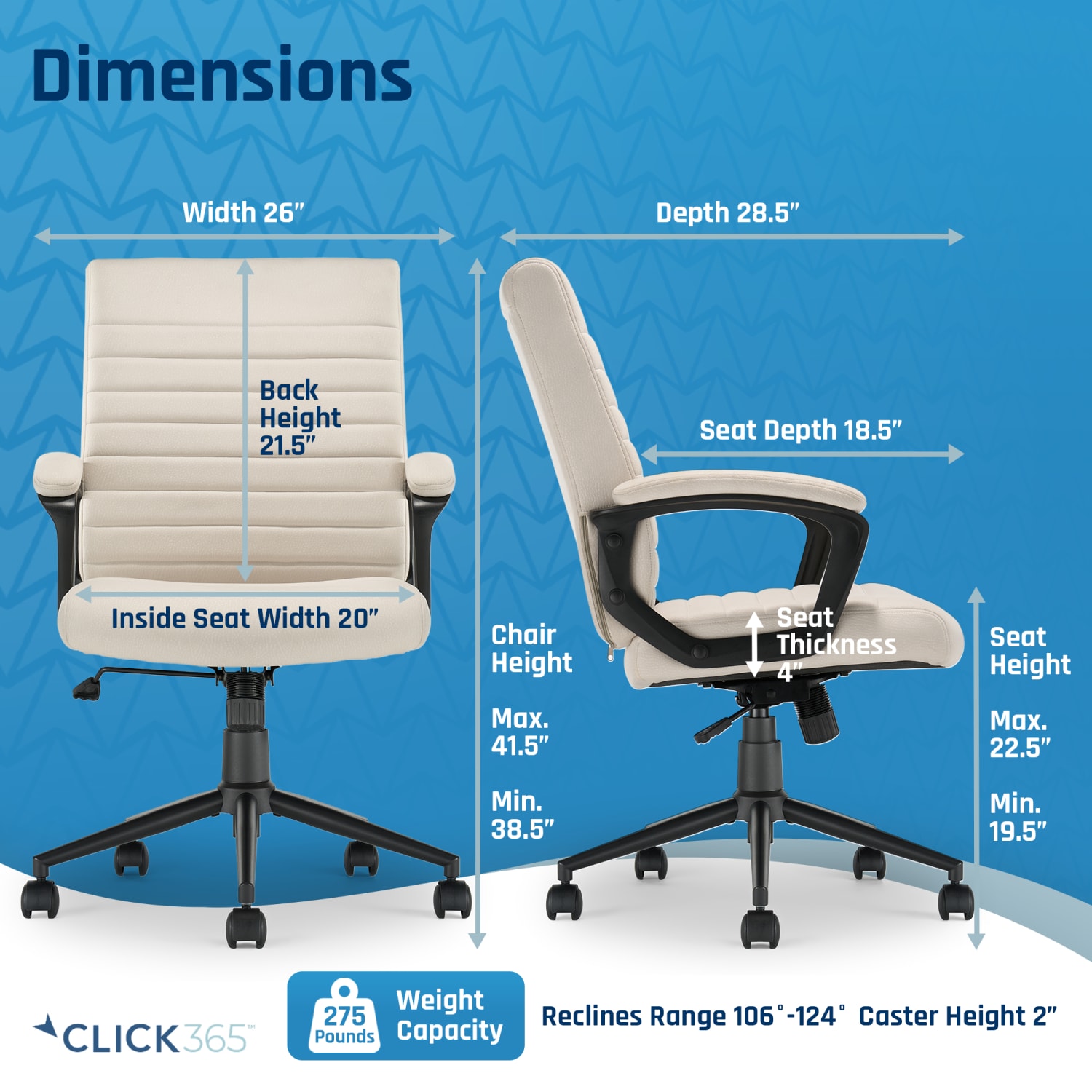 Click365 Transform 3.0 Ergonomic Vegan Leather Mid-Back Managers Chair, Off-White - Image 4