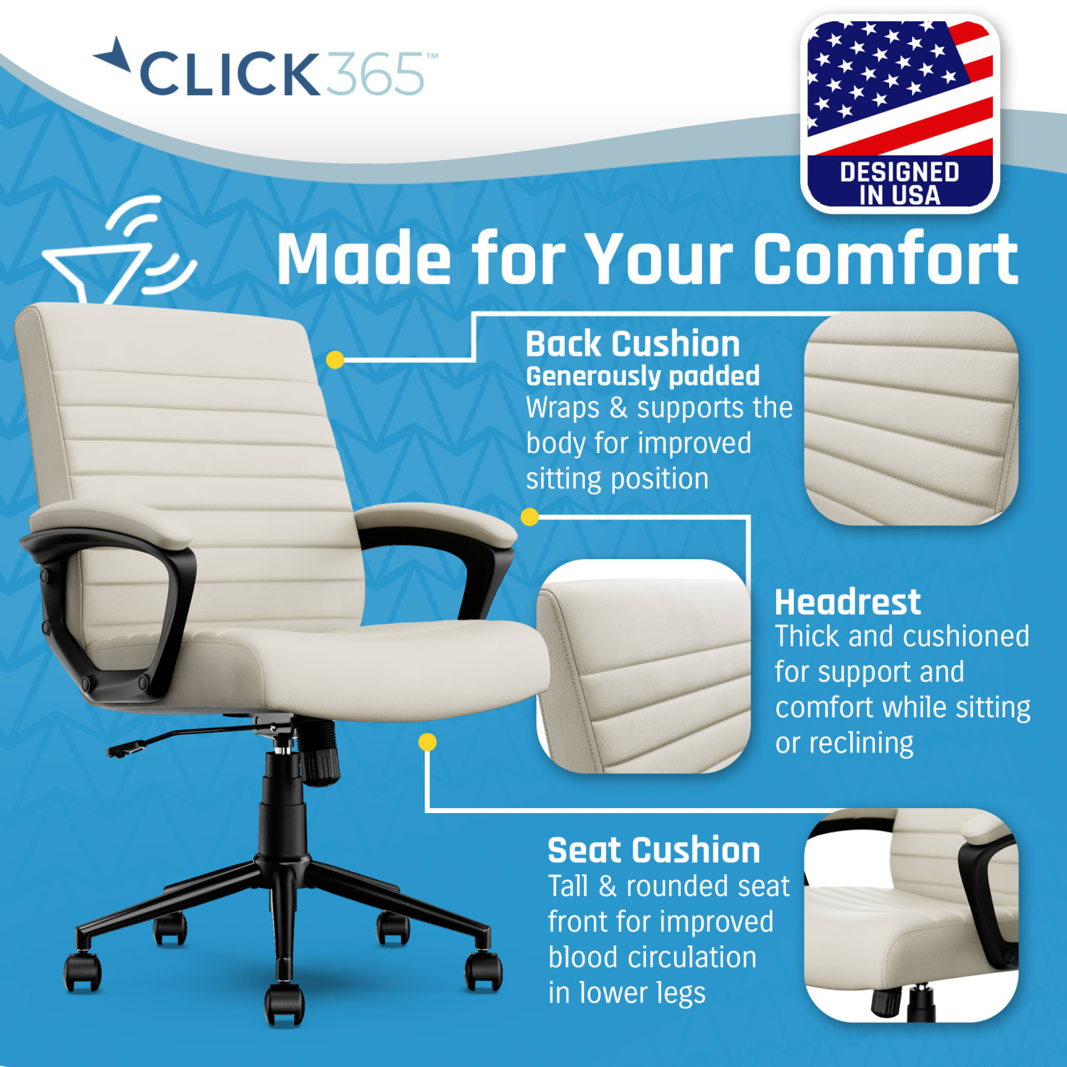 Click365 Transform 3.0 Ergonomic Vegan Leather Mid-Back Managers Chair, Off-White - Image 6