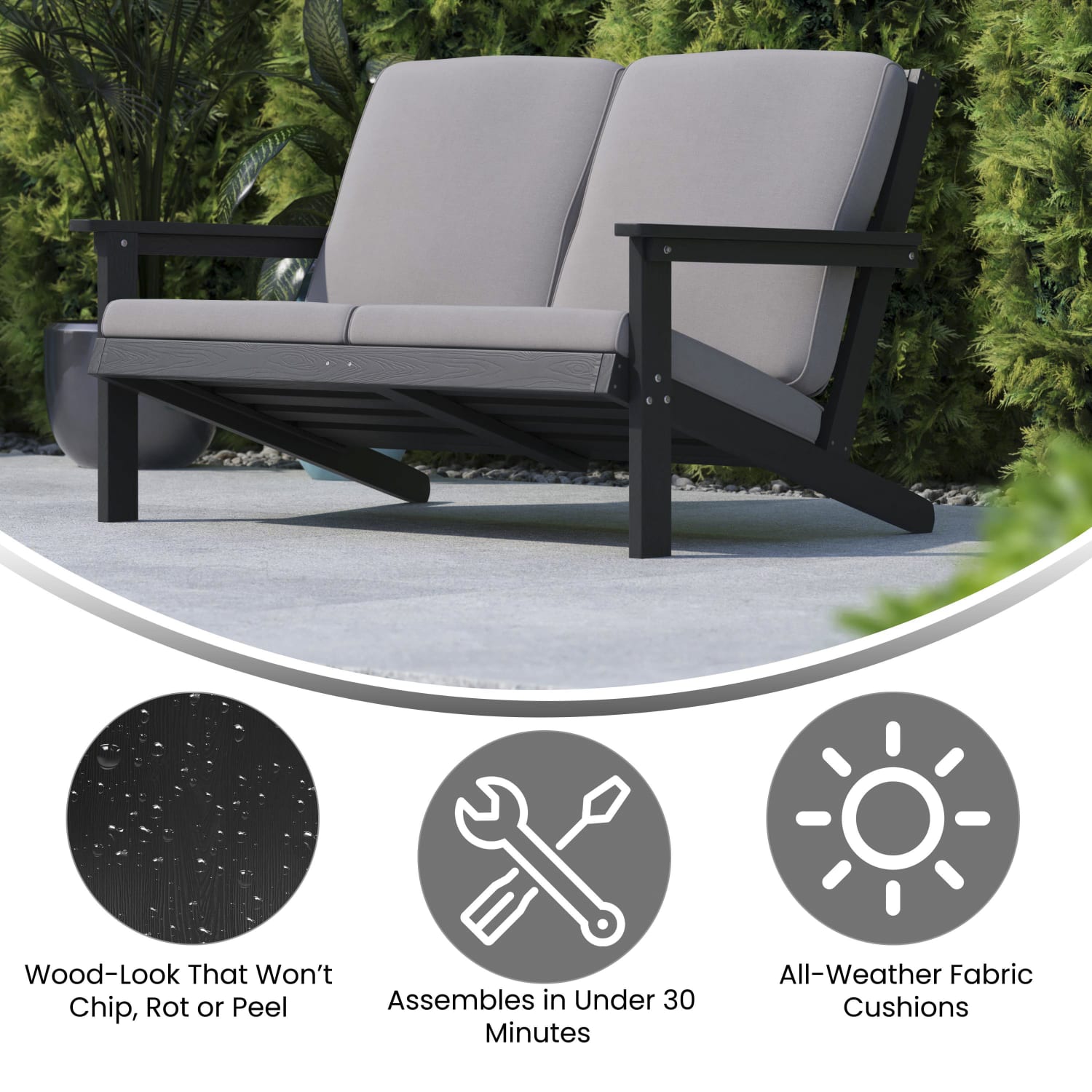 Flash Furniture Charlestown All-Weather Poly Resin Wood Adirondack-Style Deep-Seat Outdoor Furniture Patio Loveseat With Cushions, 32-1/2inH x 54inW x 34inD, Gray/Black - Image 5
