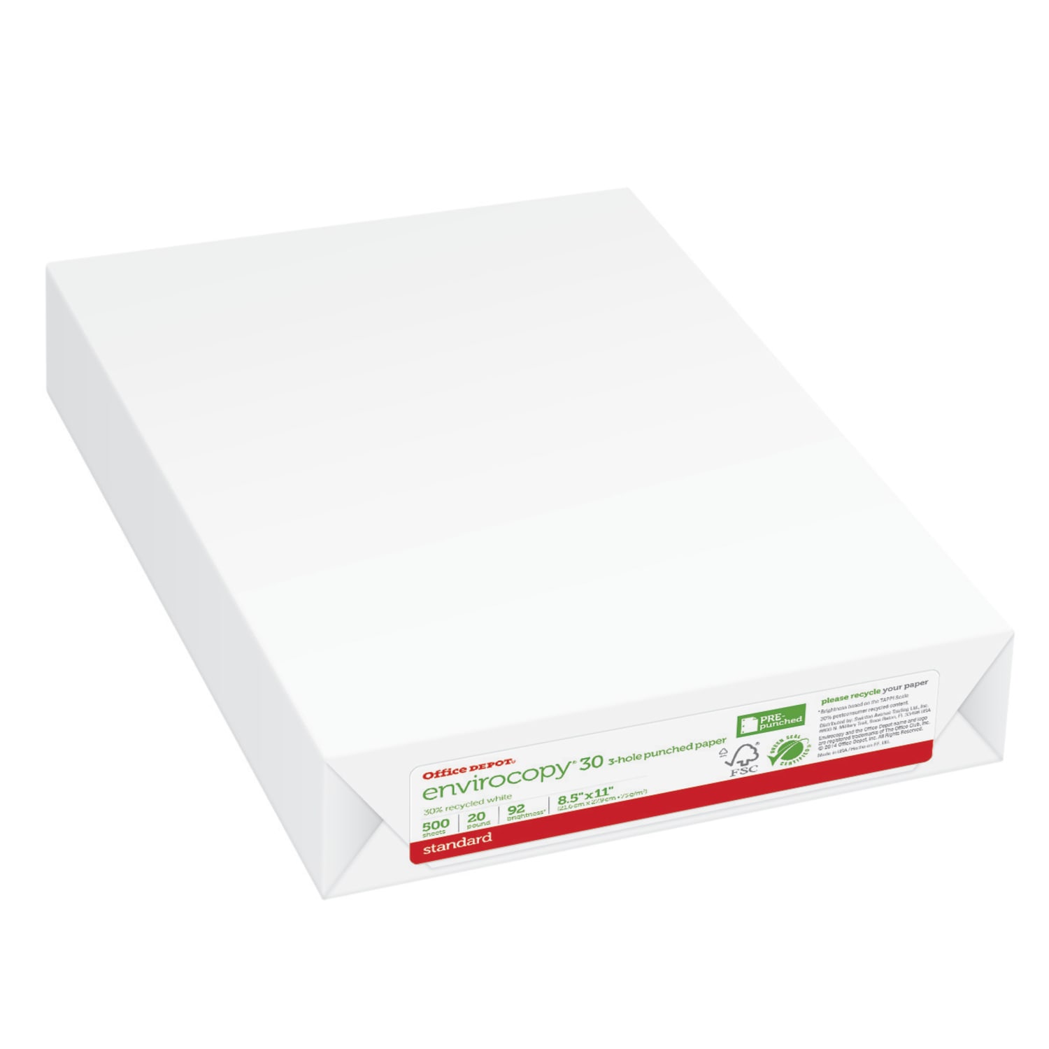 Office Depot EnviroCopy 3-Hole Punched Copy Paper, 1 Ream, White, Letter Size, 500 Sheets Per Ream- 651031OD-RM