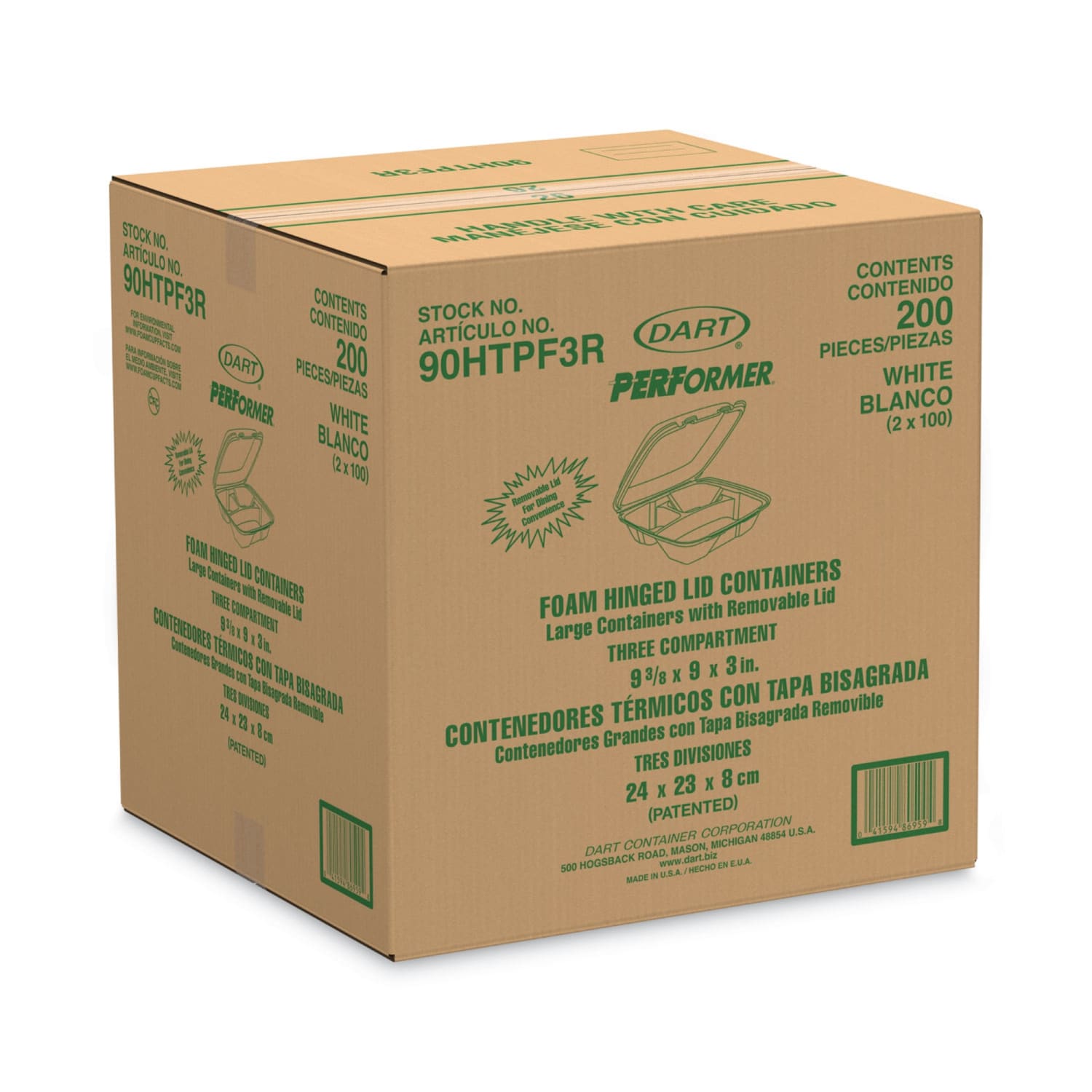 Dart Foam Hinged-Lid Containers, Performer Perforated Lid, 3-Compartment, 3inH x 9inW x 9-7/16inD, White, 100 Containers Per Bag, Carton Of 2 Bags - Image 3