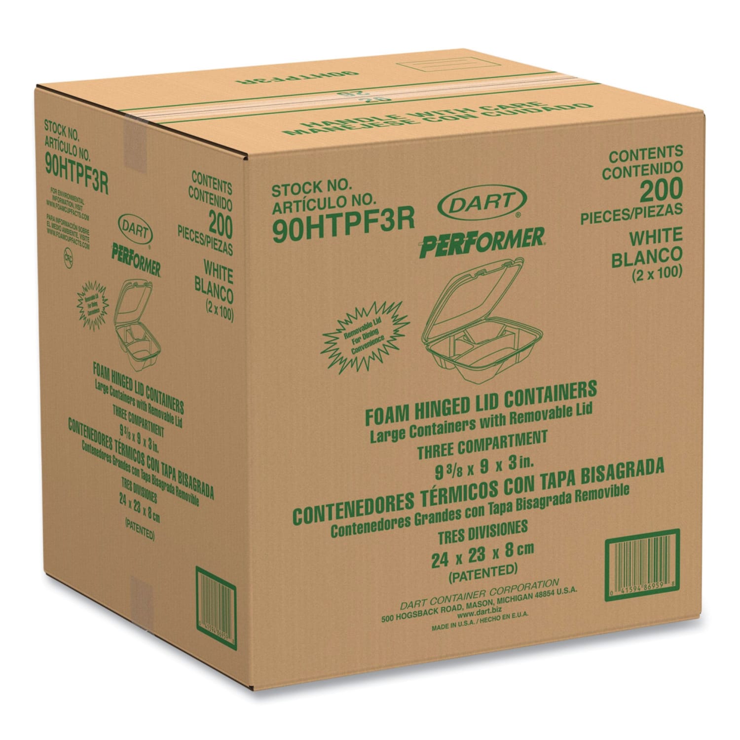 Dart Foam Hinged-Lid Containers, Performer Perforated Lid, 3-Compartment, 3inH x 9inW x 9-7/16inD, White, 100 Containers Per Bag, Carton Of 2 Bags - Image 4