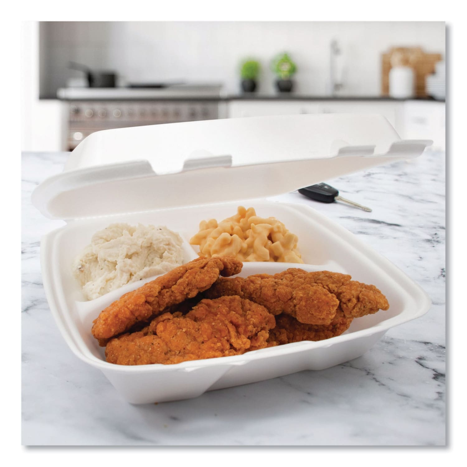 Dart Foam Hinged-Lid Containers, Performer Perforated Lid, 3-Compartment, 3inH x 9inW x 9-7/16inD, White, 100 Containers Per Bag, Carton Of 2 Bags - Image 5