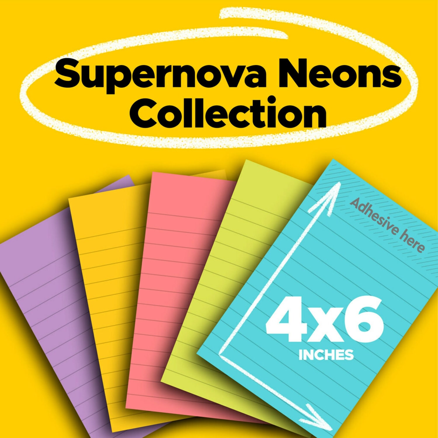 Post-it Super Sticky Notes, 5 Pads, 4 in x 6 in, 2x the Sticking Power, School Supplies and Office Products, Sticky Notes for Vertical Surfaces, Monitors, Walls and Windows, Supernova Neons Collection, Lined - Image 3