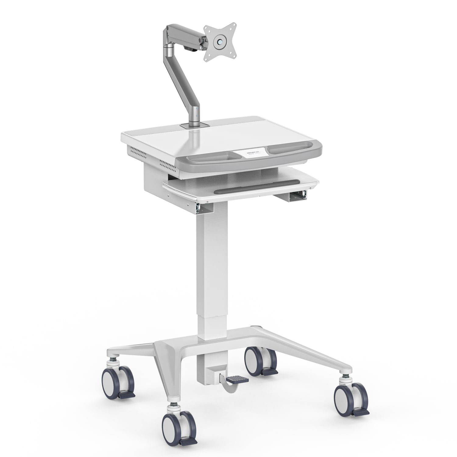 Mount-It! MedHub Mobile Medical Cart Workstation With Spring Arm Monitor Mount, 62-5/8inH x 25-5/8inW x 21-3/4inD, White/Gray
