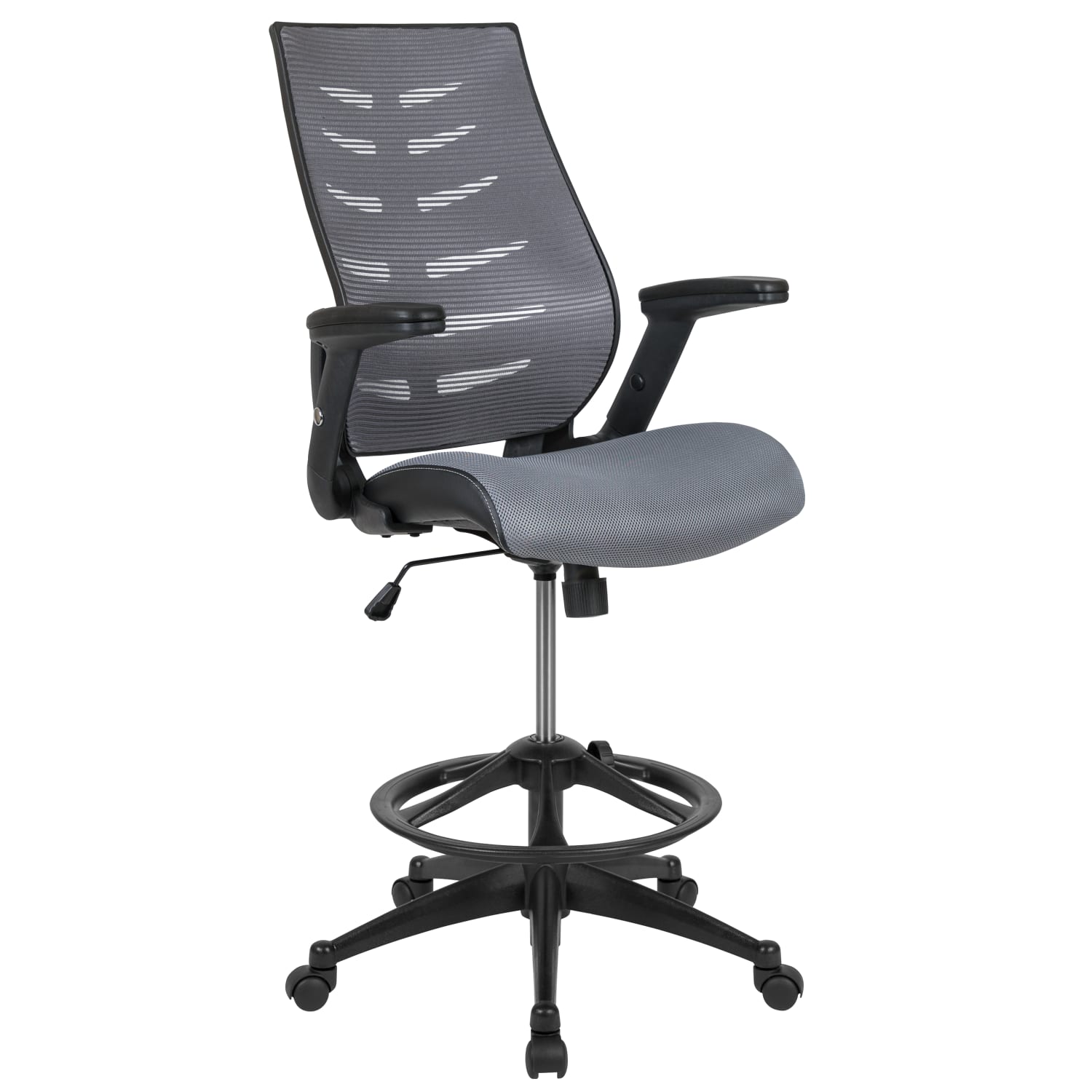 Flash Furniture High Back Mesh SpineBack Ergonomic Drafting Chair with Adjustable Foot Ring and Adjustable FlipUp Arms Dark Gray PopularChairscom Flash Furniture High Back Mesh Spine Back Ergonomic Drafting Chair with Adjustable Foot Ring and Adjustable Flip Up Arms Dark Gray PopularChairscom