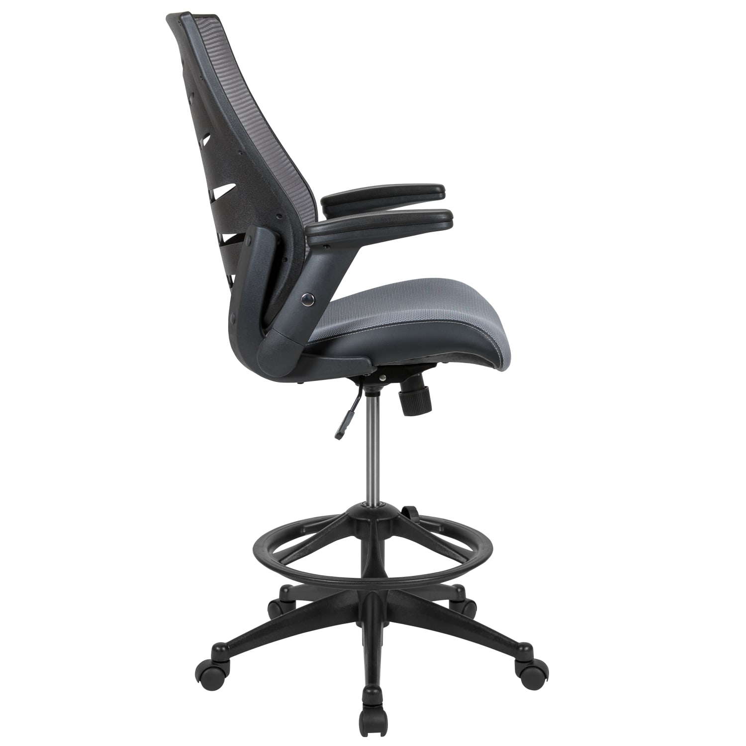 Flash Furniture High Back Mesh SpineBack Ergonomic Drafting Chair with Adjustable Foot Ring and Adjustable FlipUp Arms Dark Gray PopularChairscom Flash Furniture High Back Mesh Spine Back Ergonomic Drafting Chair with Adjustable Foot Ring and Adjustable Flip Up Arms Dark Gray PopularChairscom