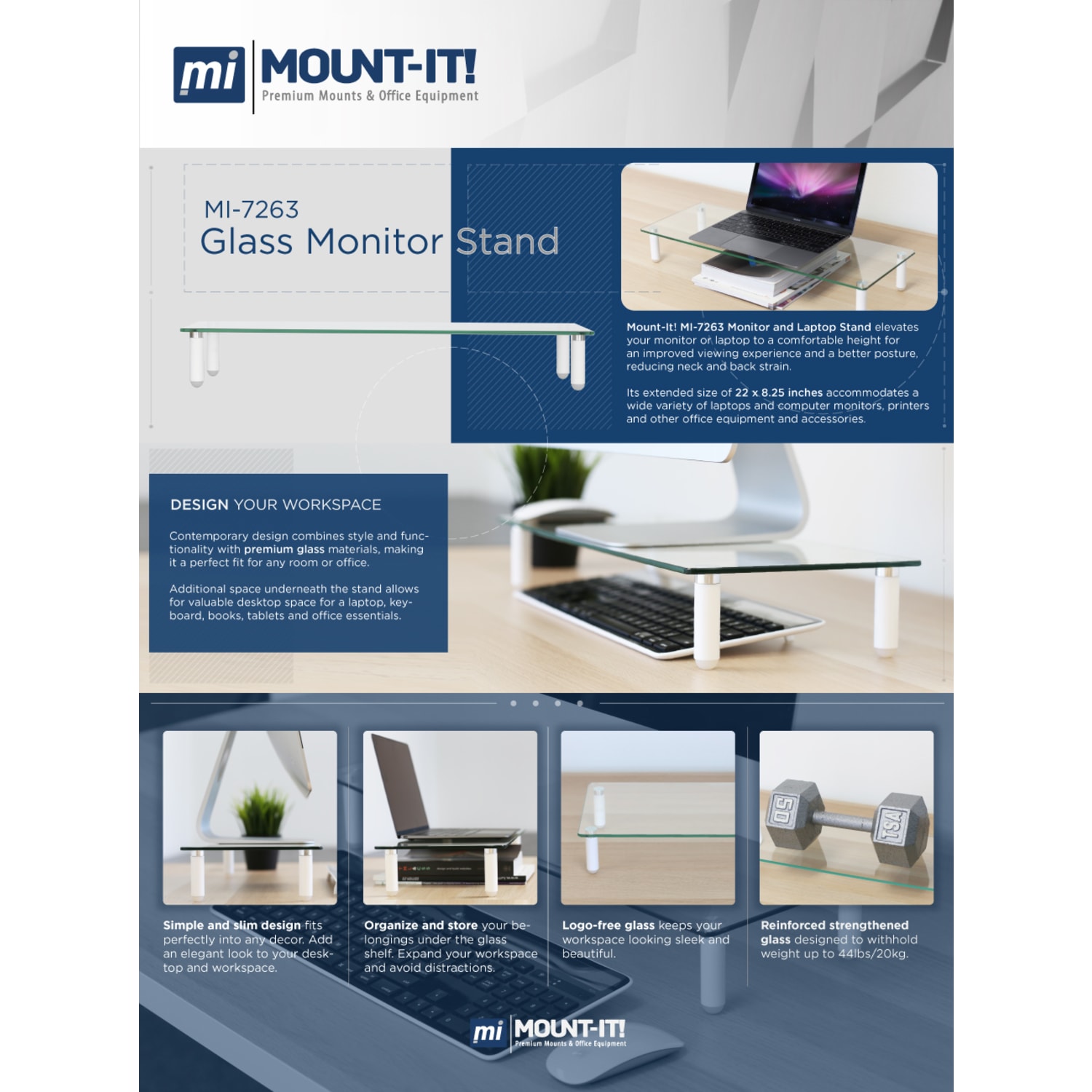 Mount-It MI-7263 Glass Monitor Desk Riser, 3-1/4inH x 22inW x 22inD, Clear - Image 5
