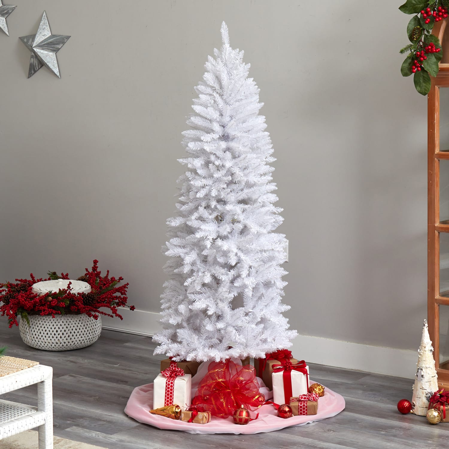 Nearly Natural Fir 72inH Slim Artificial Christmas Tree With Bendable Branches, 72inH x 29inW x 29inD, White - Image 6