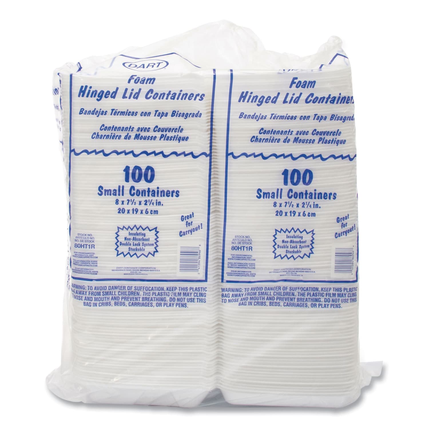 Dart Foam Hinged-Lid Containers, 2-1/4inH x 7-1/2inW x 8inD, White, Carton Of 200 Containers - Image 3